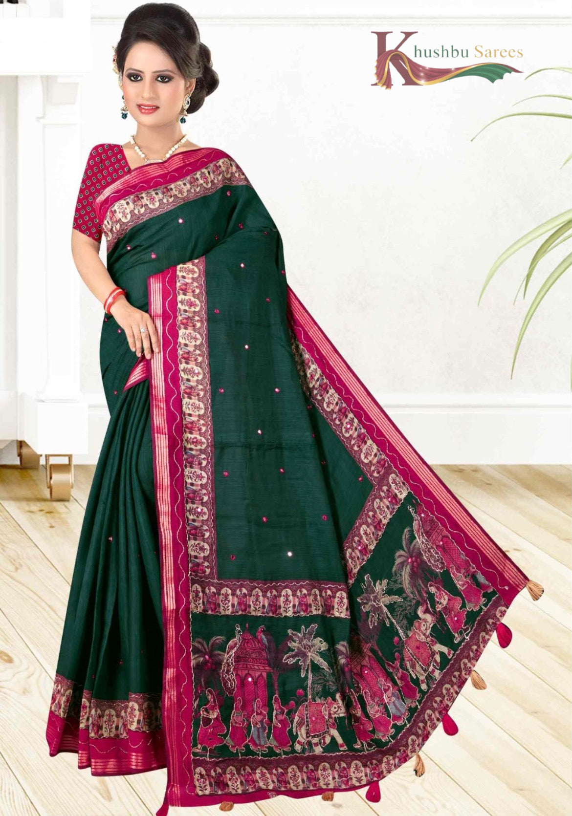 Khushbu Sarees Bottle Green Cotan Saree with Maroon Border & Festival Print