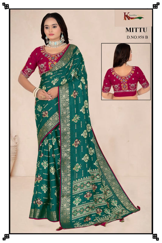 Elegant Green Silk Saree with Intricate Woven Design & Contrast Maroon Blouse