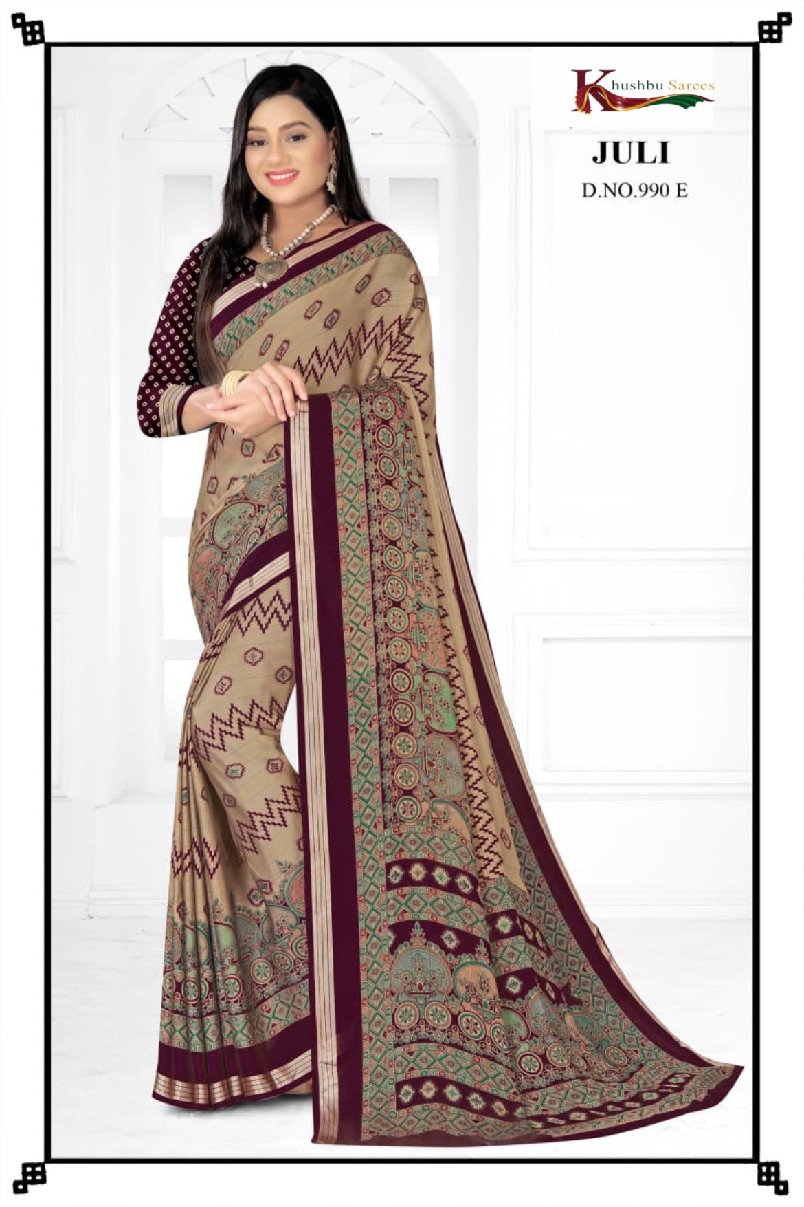 “Elegant Beige & Maroon Printed Saree by Khushbu Sarees – Juli Collection (D.No. 99