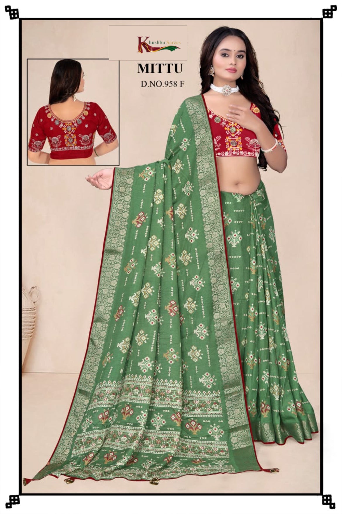 Elegant Green Silk Saree with Intricate Woven Design & Contrast Maroon Blouse