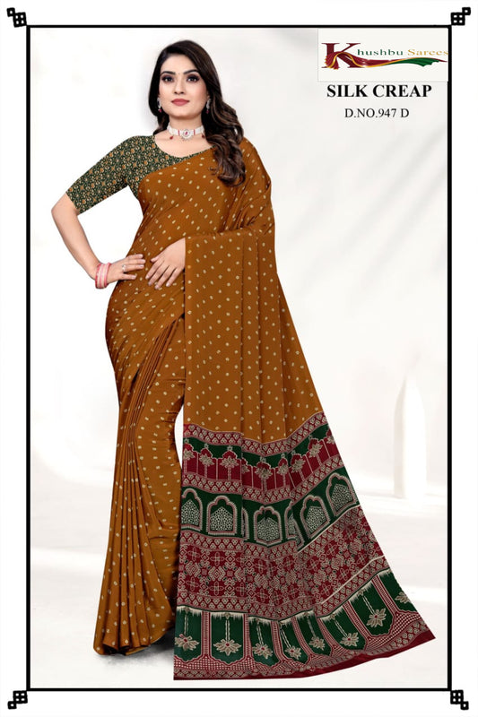 “Elegant Mustard Silk Crepe Saree with Traditional Border”