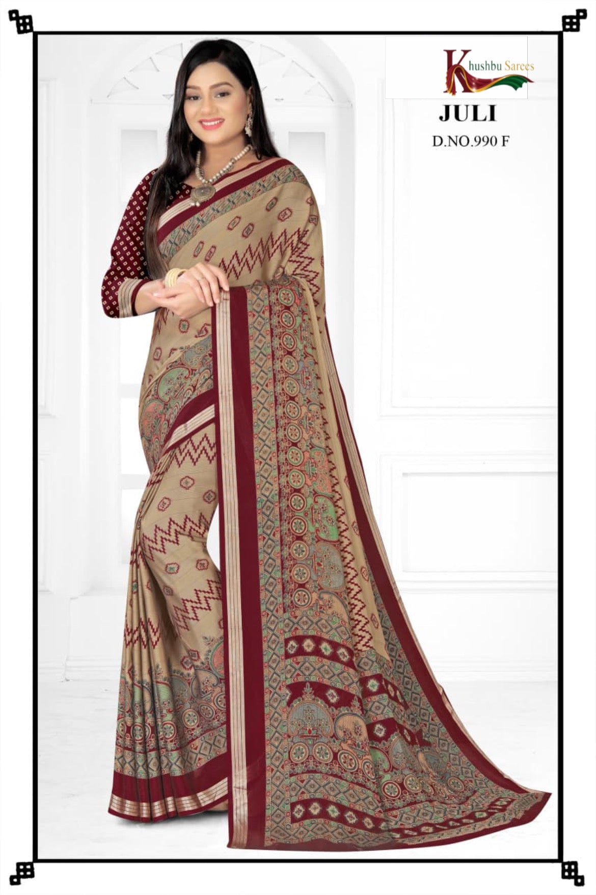 “Elegant Beige & Maroon Printed Saree by Khushbu Sarees – Juli Collection (D.No. 99