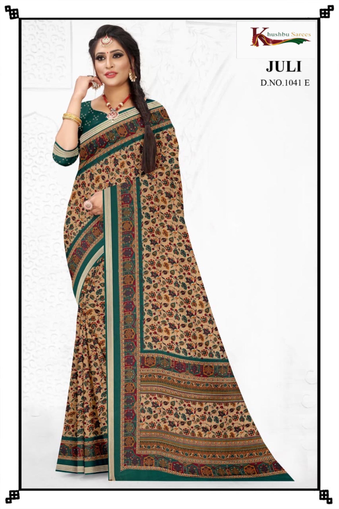 Elegant Beige & Green Printed Saree with Traditional Floral & Border Design