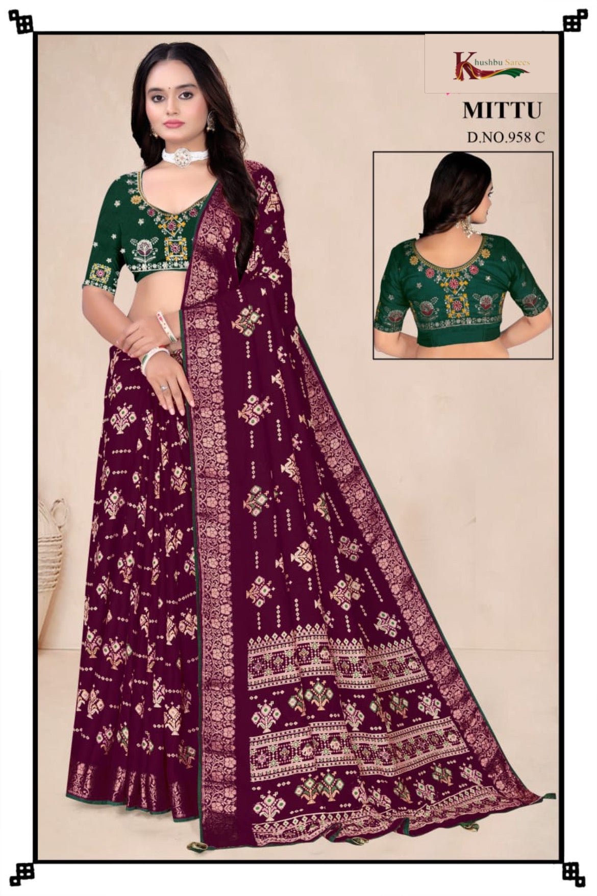 Elegant Green Silk Saree with Intricate Woven Design & Contrast Maroon Blouse