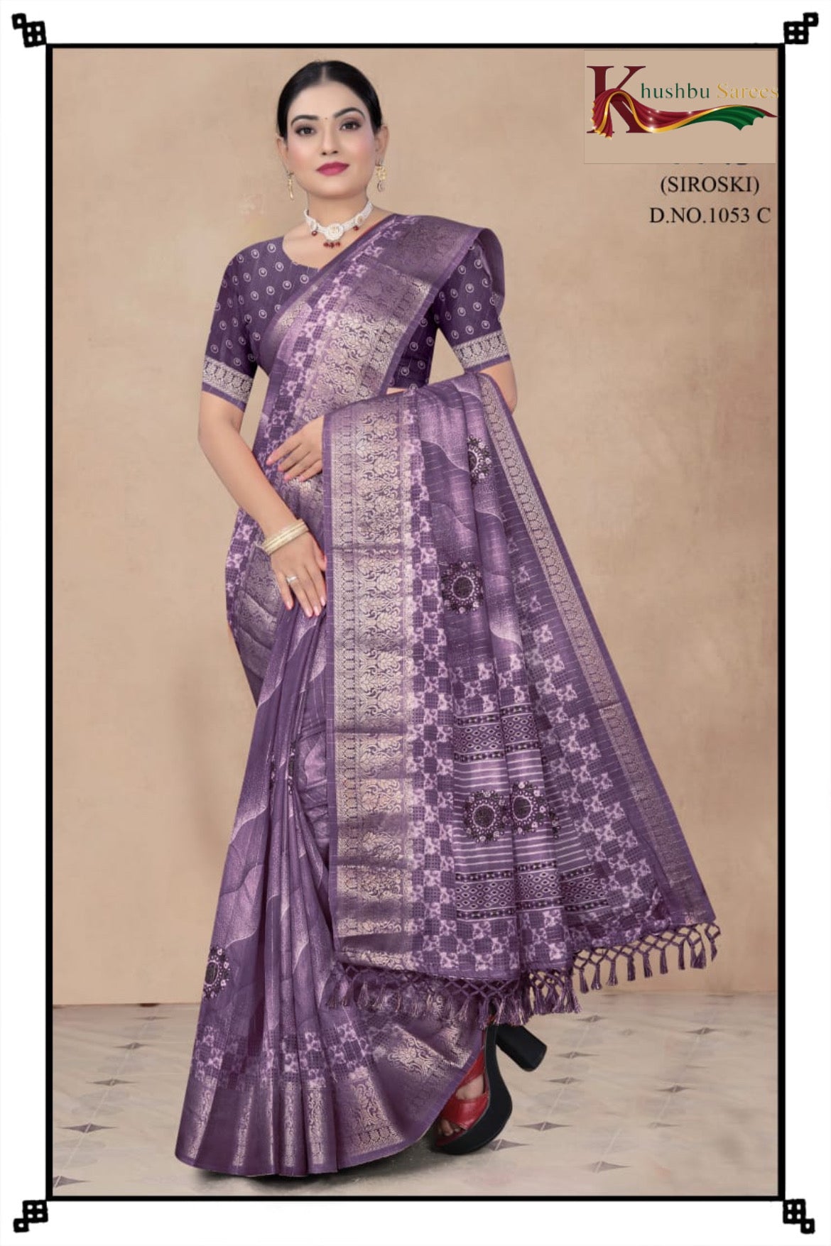 “Khushbu Sarees Siroski Designer Silk Saree – Rich Maroon with Intricate Golden Weave”