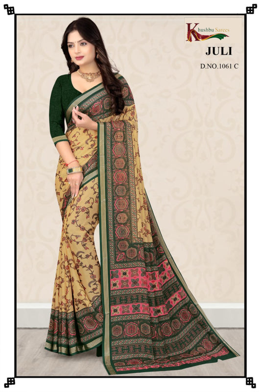 “Khushbu Sarees Juli – Elegant Beige & Green Printed Saree”