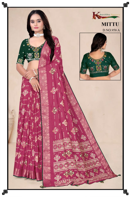 Elegant Green Silk Saree with Intricate Woven Design & Contrast Maroon Blouse