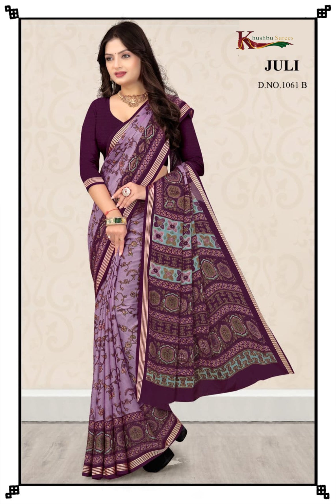 “Khushbu Sarees Juli – Elegant Beige & Green Printed Saree”