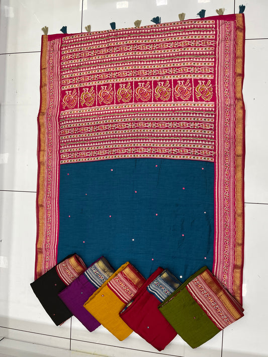 Vibrant Ikat Elegance – Handwoven Cotton Saree with Traditional Motifs and Contrasting Borders