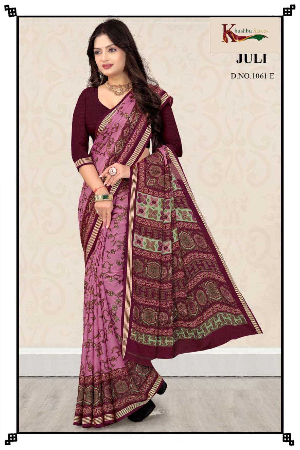 “Khushbu Sarees Juli – Elegant Beige & Green Printed Saree”