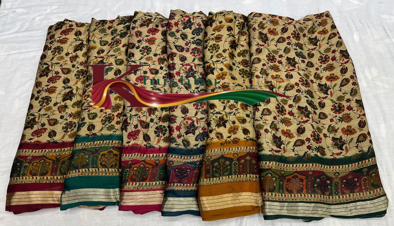 Elegant Beige & Green Printed Saree with Traditional Floral & Border Design