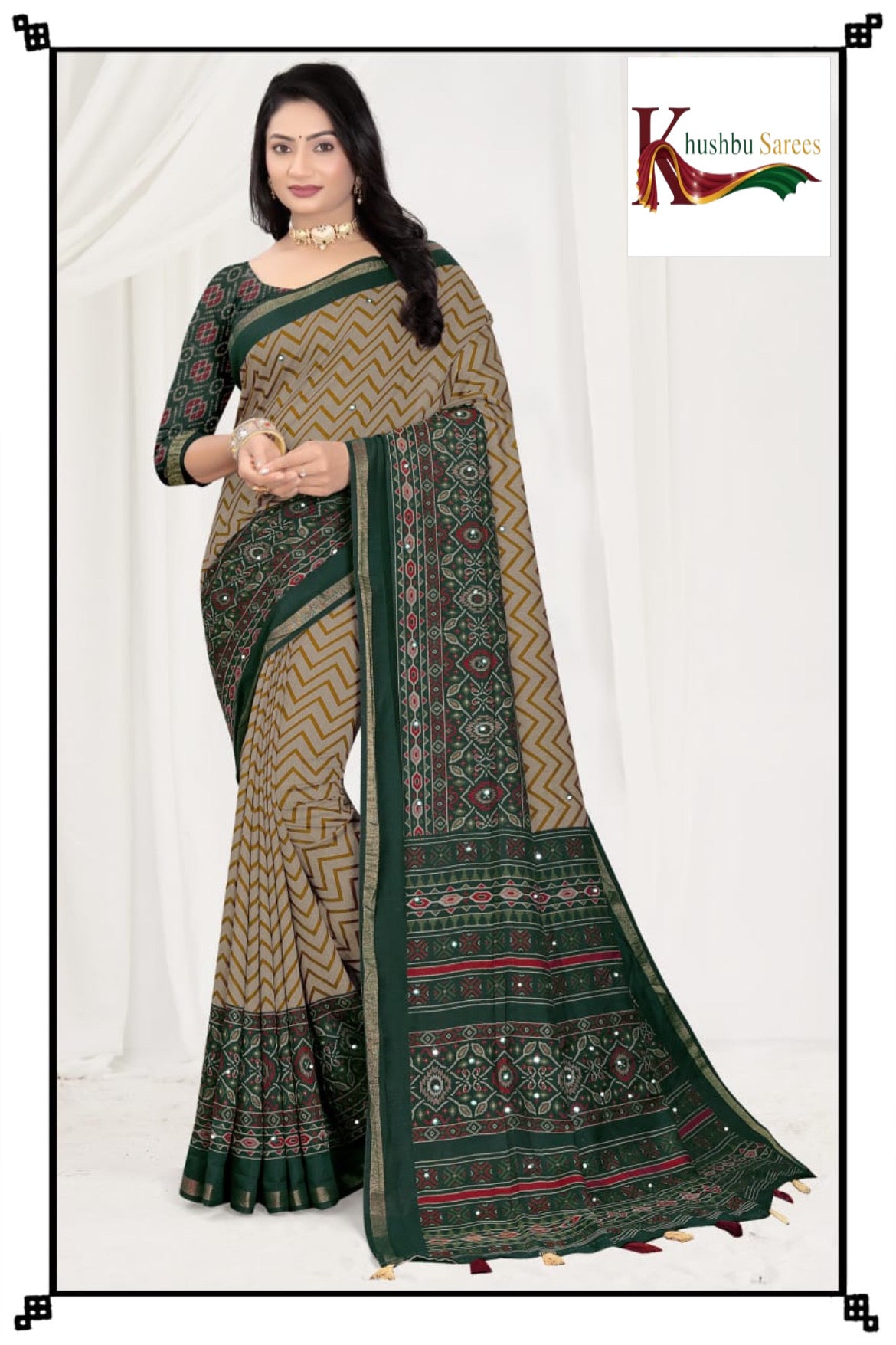 “Elegant Printed Cotton Saree with Traditional Border & Tassels
