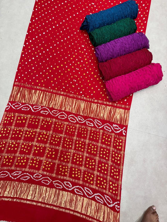 “Gaji Silk Bandhani Saree with Rich Golden Border – Traditional Elegance”