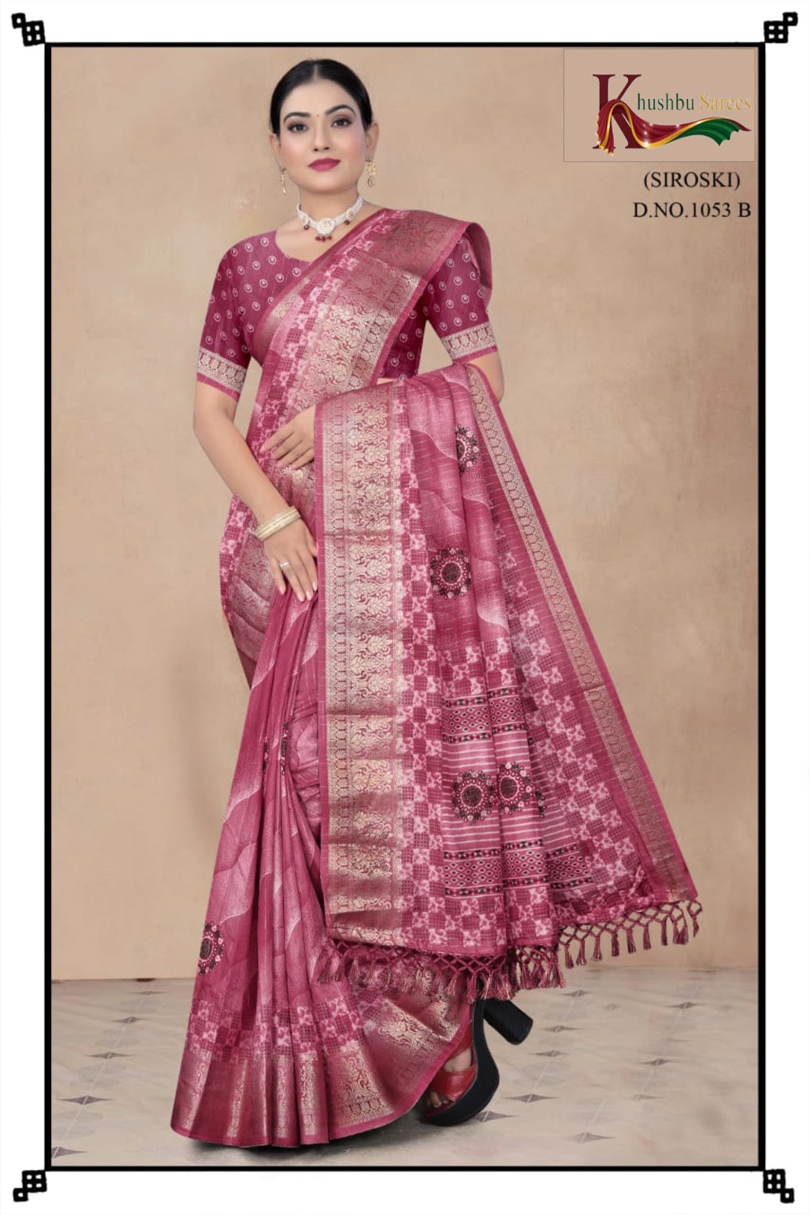 “Khushbu Sarees Siroski Designer Silk Saree – Rich Maroon with Intricate Golden Weave”