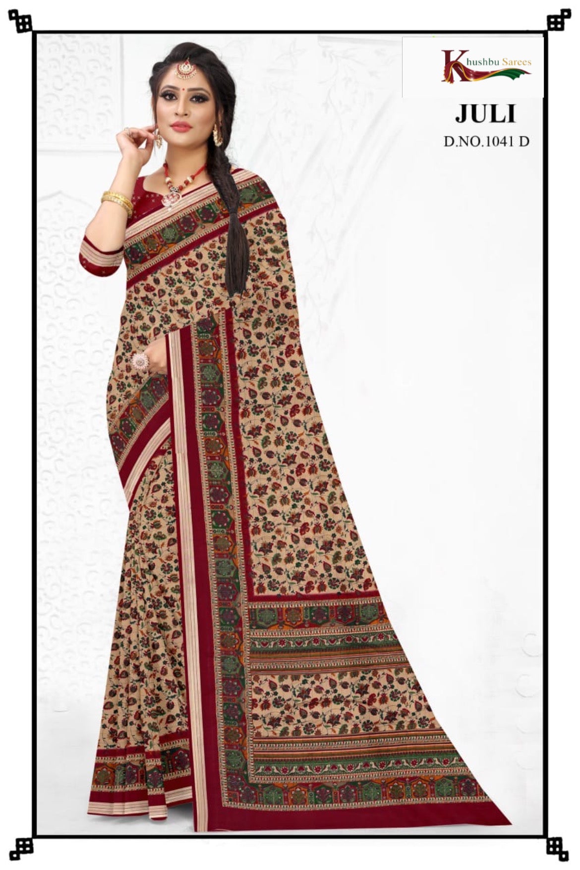 Elegant Beige & Green Printed Saree with Traditional Floral & Border Design