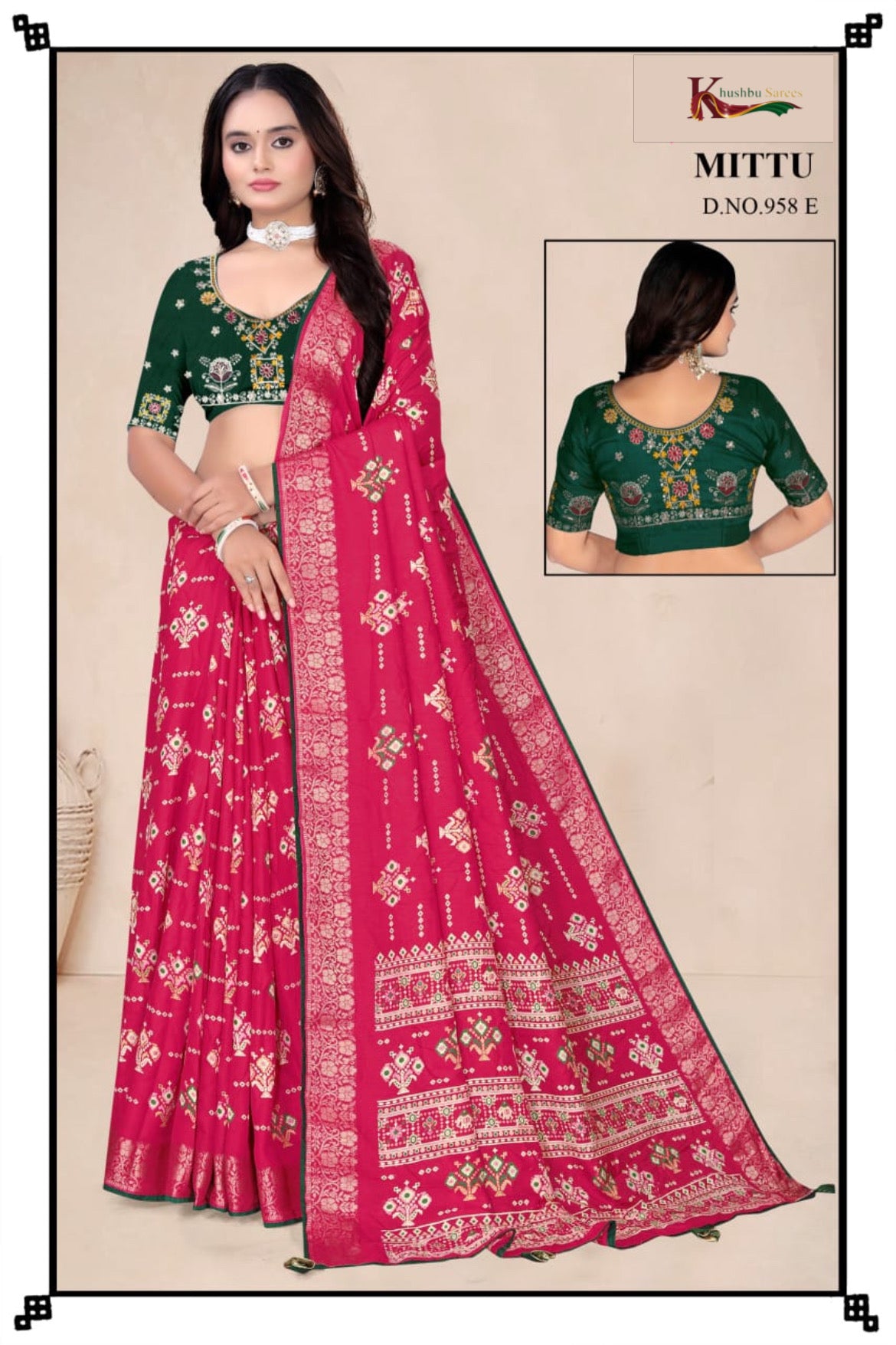 Elegant Green Silk Saree with Intricate Woven Design & Contrast Maroon Blouse