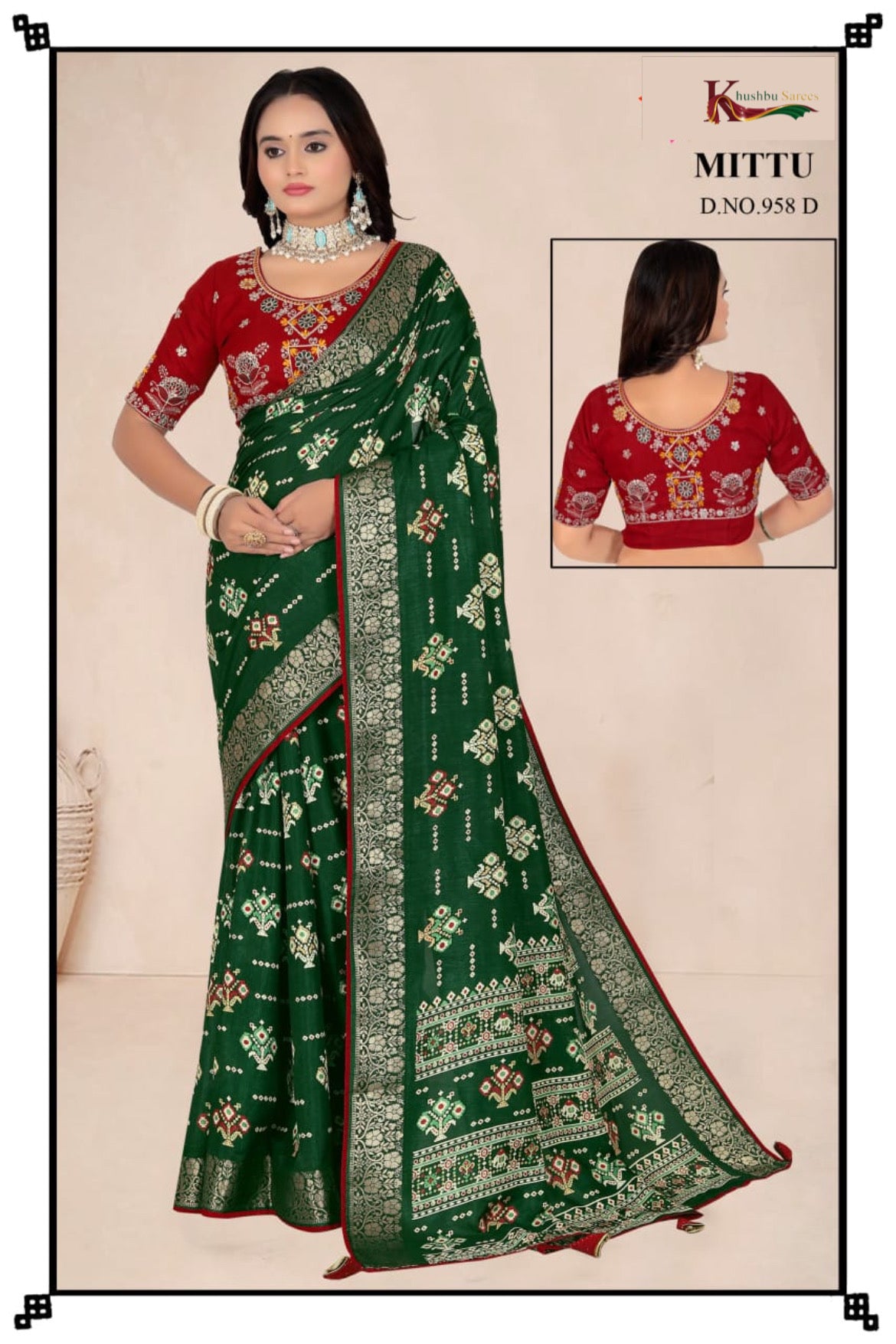 Elegant Green Silk Saree with Intricate Woven Design & Contrast Maroon Blouse