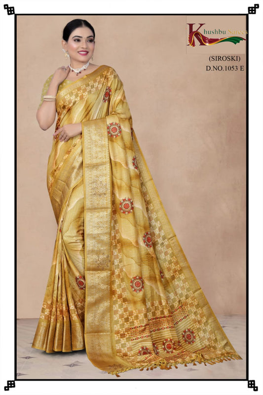 “Khushbu Sarees Siroski Designer Silk Saree – Rich Maroon with Intricate Golden Weave”