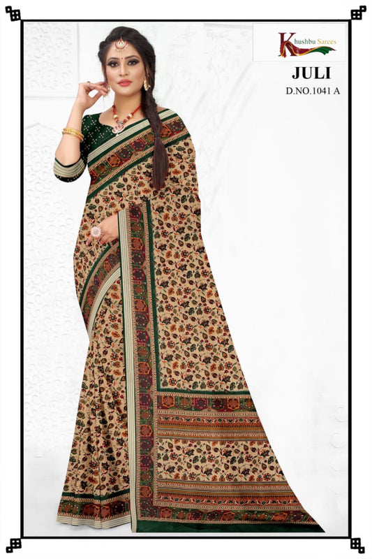 Elegant Beige & Green Printed Saree with Traditional Floral & Border Design