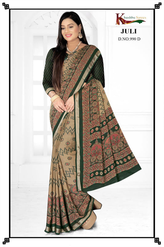 “Elegant Beige & Maroon Printed Saree by Khushbu Sarees – Juli Collection (D.No. 99