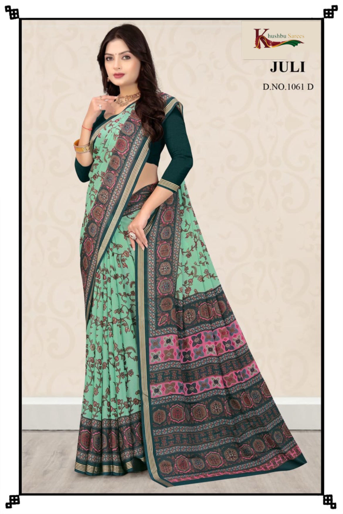 “Khushbu Sarees Juli – Elegant Beige & Green Printed Saree”