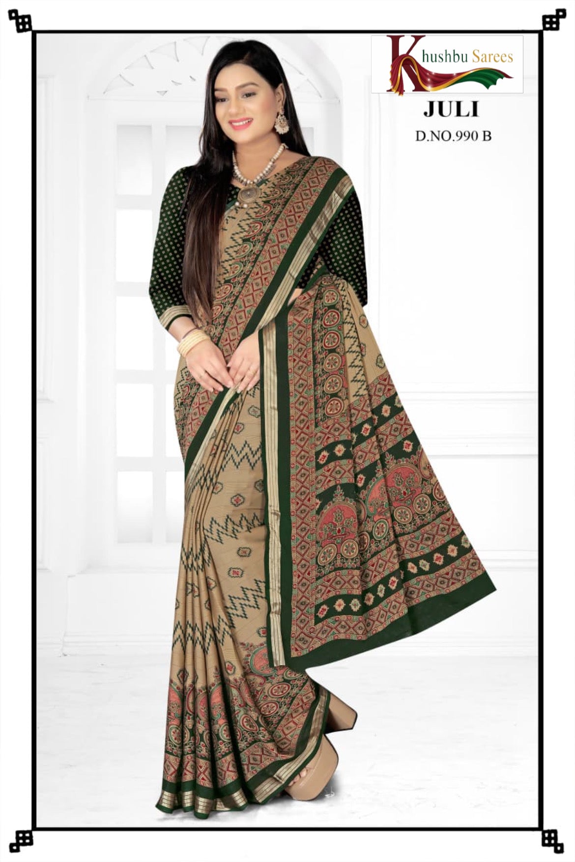 “Elegant Beige & Maroon Printed Saree by Khushbu Sarees – Juli Collection (D.No. 99