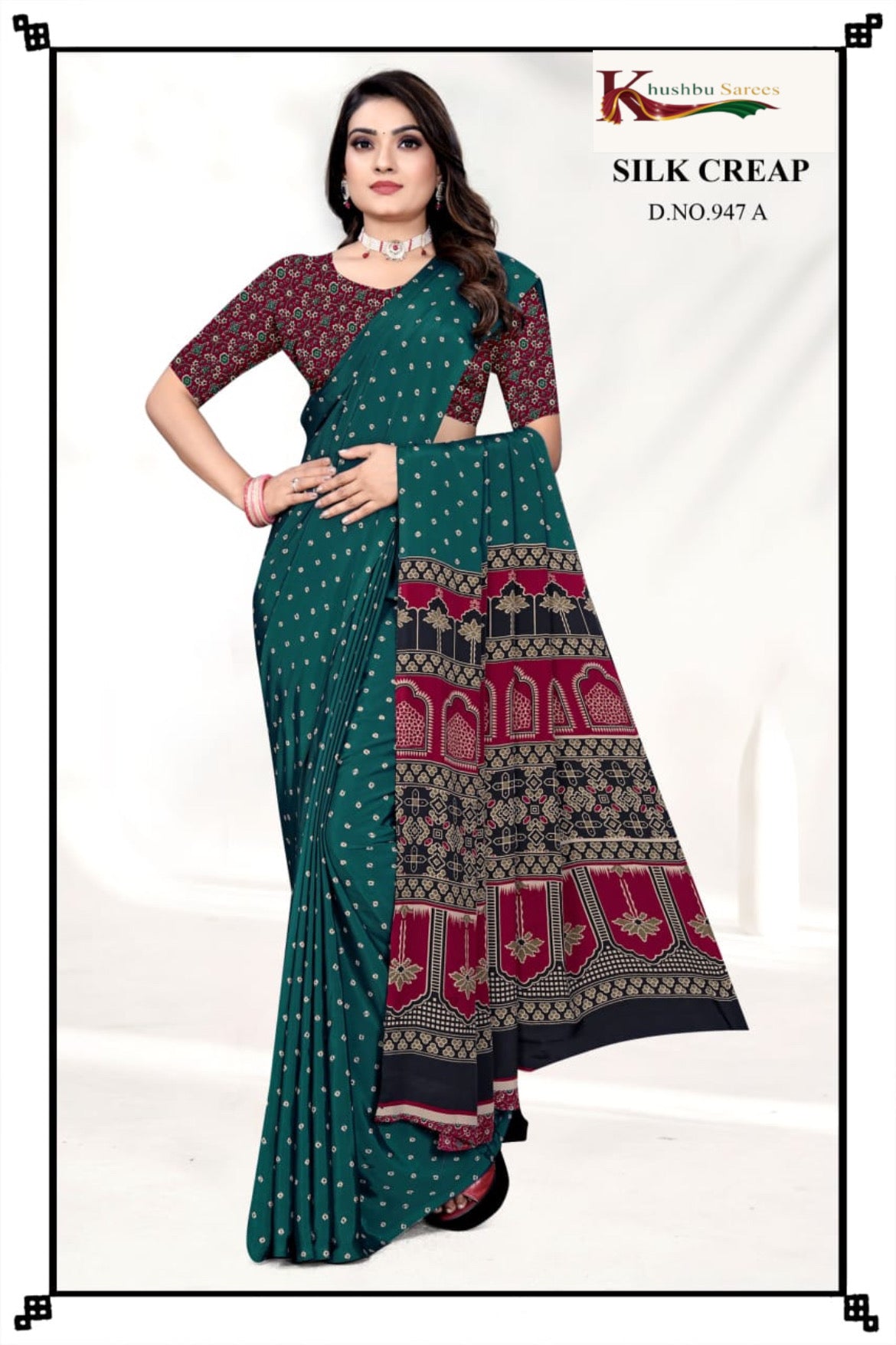 “Elegant Mustard Silk Crepe Saree with Traditional Border”