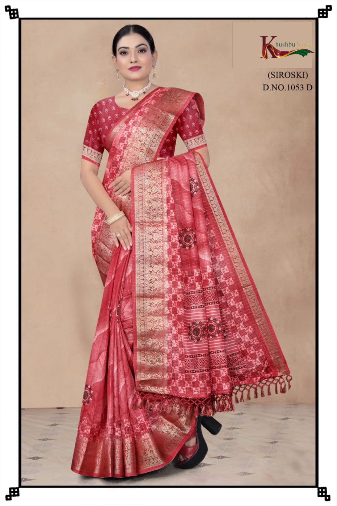 “Khushbu Sarees Siroski Designer Silk Saree – Rich Maroon with Intricate Golden Weave”