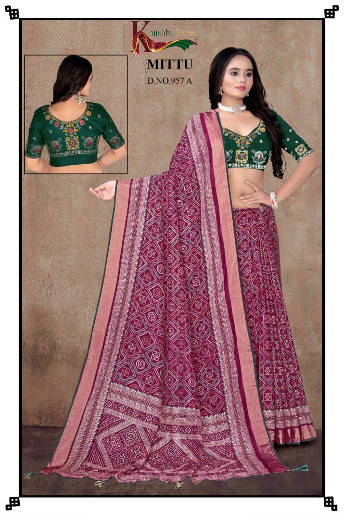 “Khushbu Sarees – Mittu Design No. 957B Traditional Printed Saree with Embroidered Blouse”
