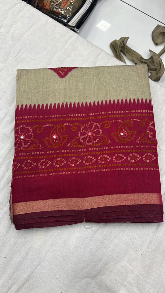 Elegant Maroon & Beige Mal Cotton Saree with Traditional Bandhej Motifs and Subtle Mirror Work