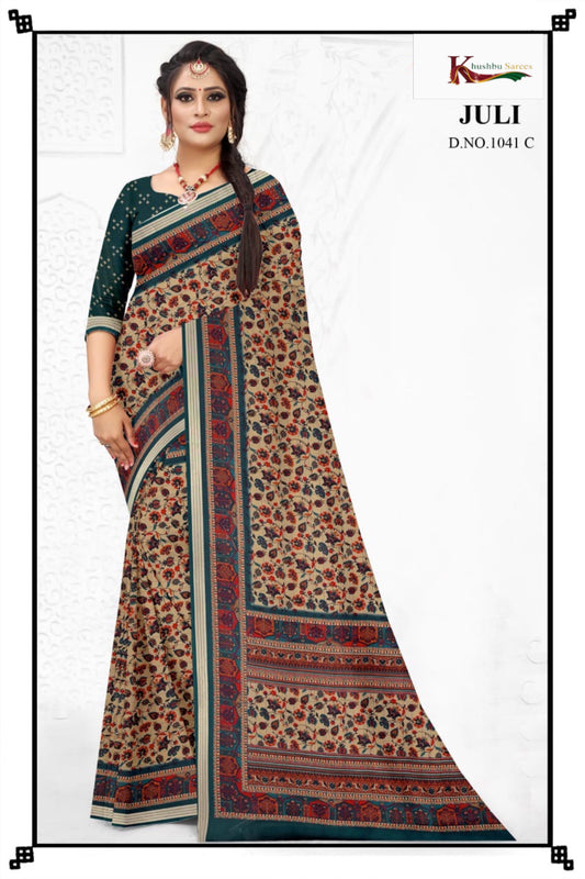 Elegant Beige & Green Printed Saree with Traditional Floral & Border Design
