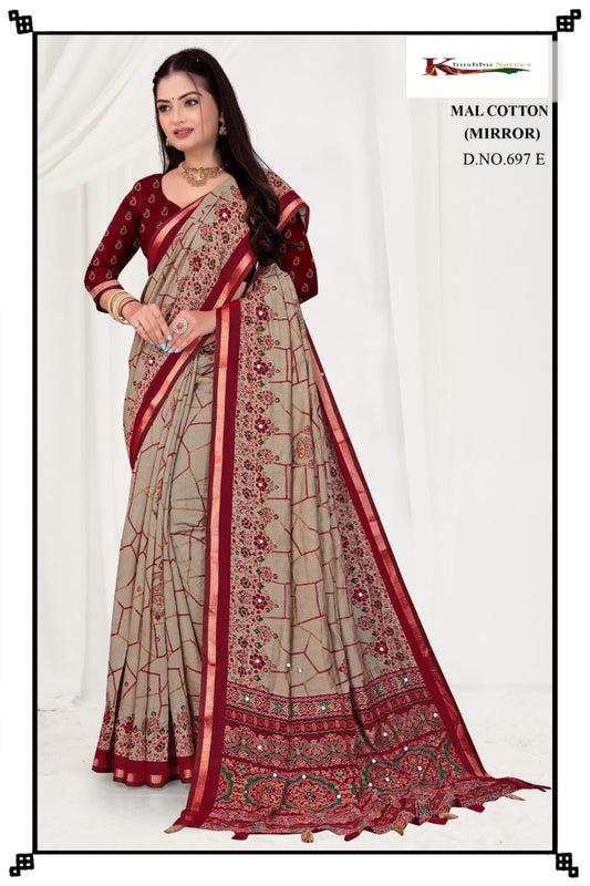 “Elegant Mal Cotton Mirror Work Saree with Maroon Border”