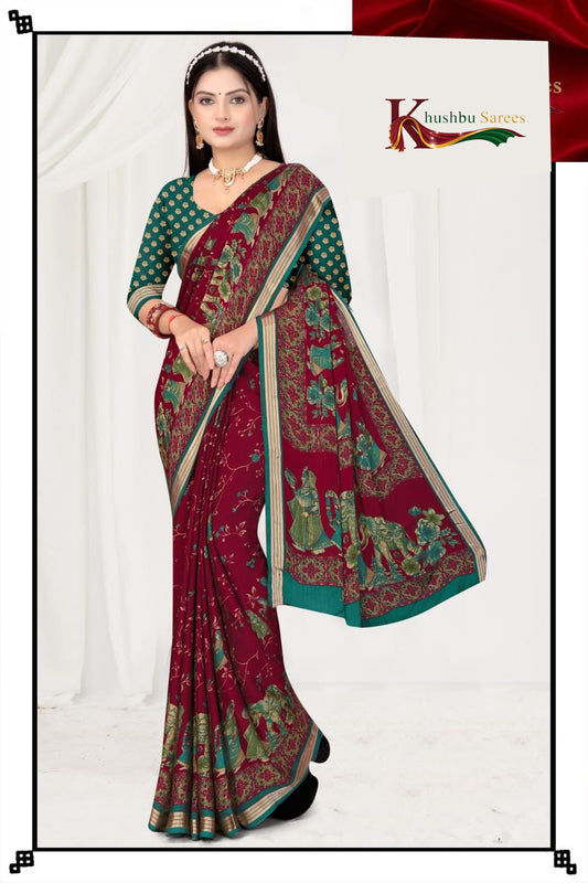 Elegant Maroon & Green Traditional Printed Saree – Khushbu Sarees