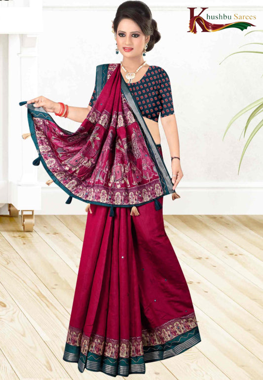 Khushbu Sarees Bottle Green Cotan Saree with Maroon Border & Festival Print