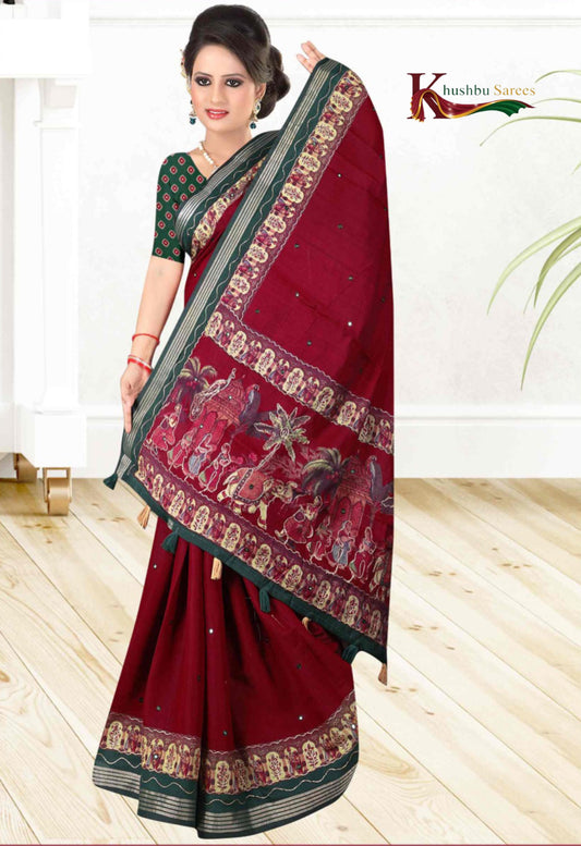 Khushbu Sarees Bottle Green Cotan Saree with Maroon Border & Festival Print