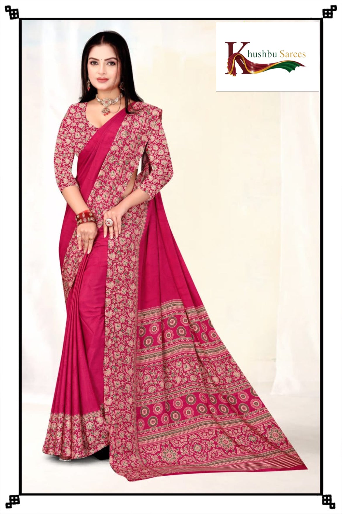 “Elegant Dark Green Crepe Silk Saree with Floral Print Border”