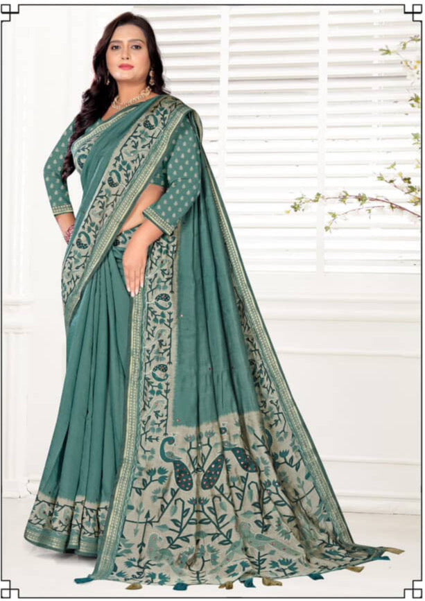 “Elegant Mustard Yellow Cotton Saree with Printed Pallu & Border”