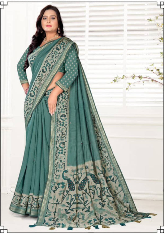 “Elegant Mustard Yellow Cotton Saree with Printed Pallu & Border”