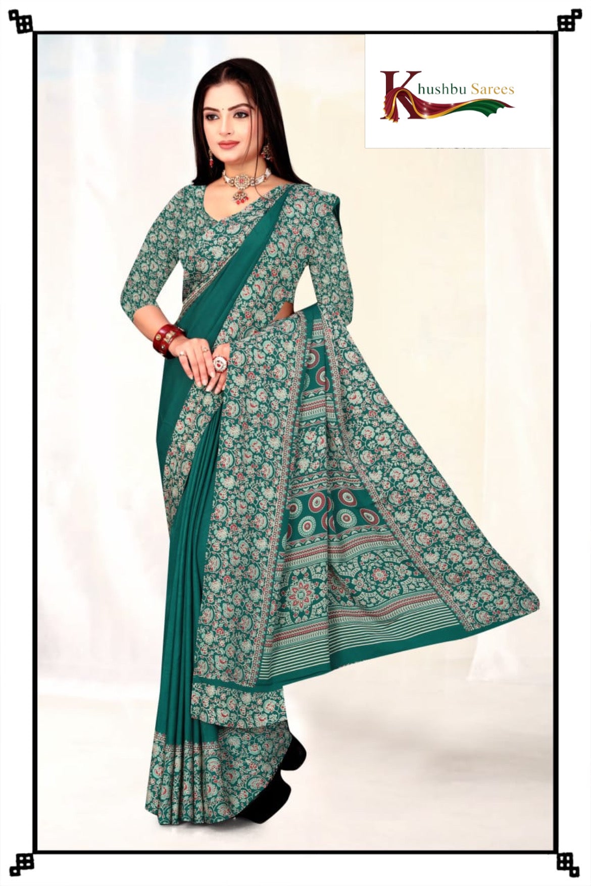 “Elegant Dark Green Crepe Silk Saree with Floral Print Border”