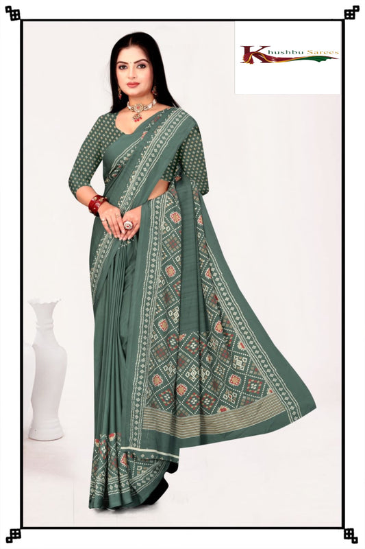 “Stylish Green Silk Crepe Saree with Designer Prints”