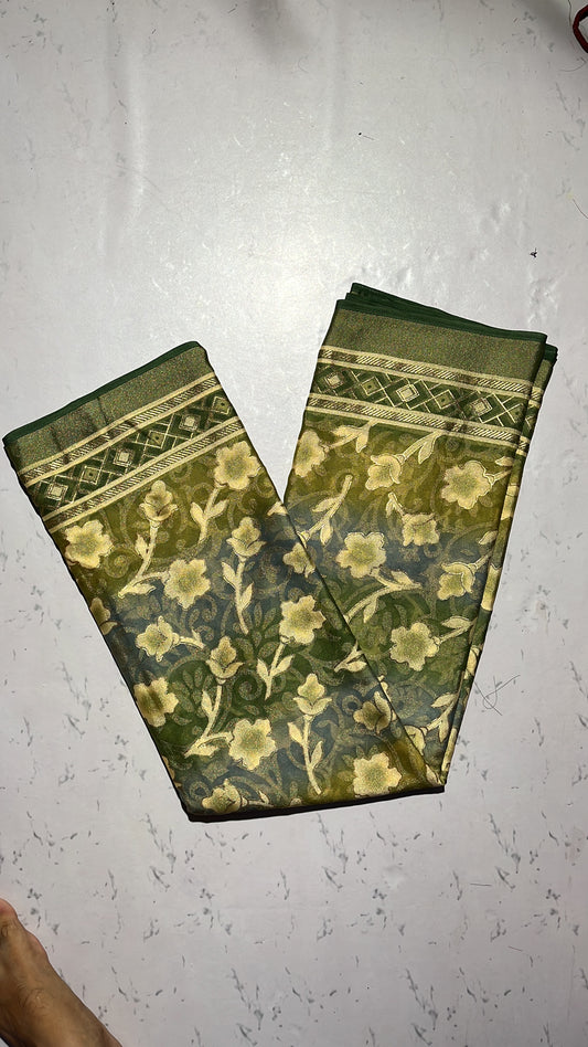 Elegant Green Brocade Saree with Golden Zari Floral & Geometric Border, with Blouse Piece