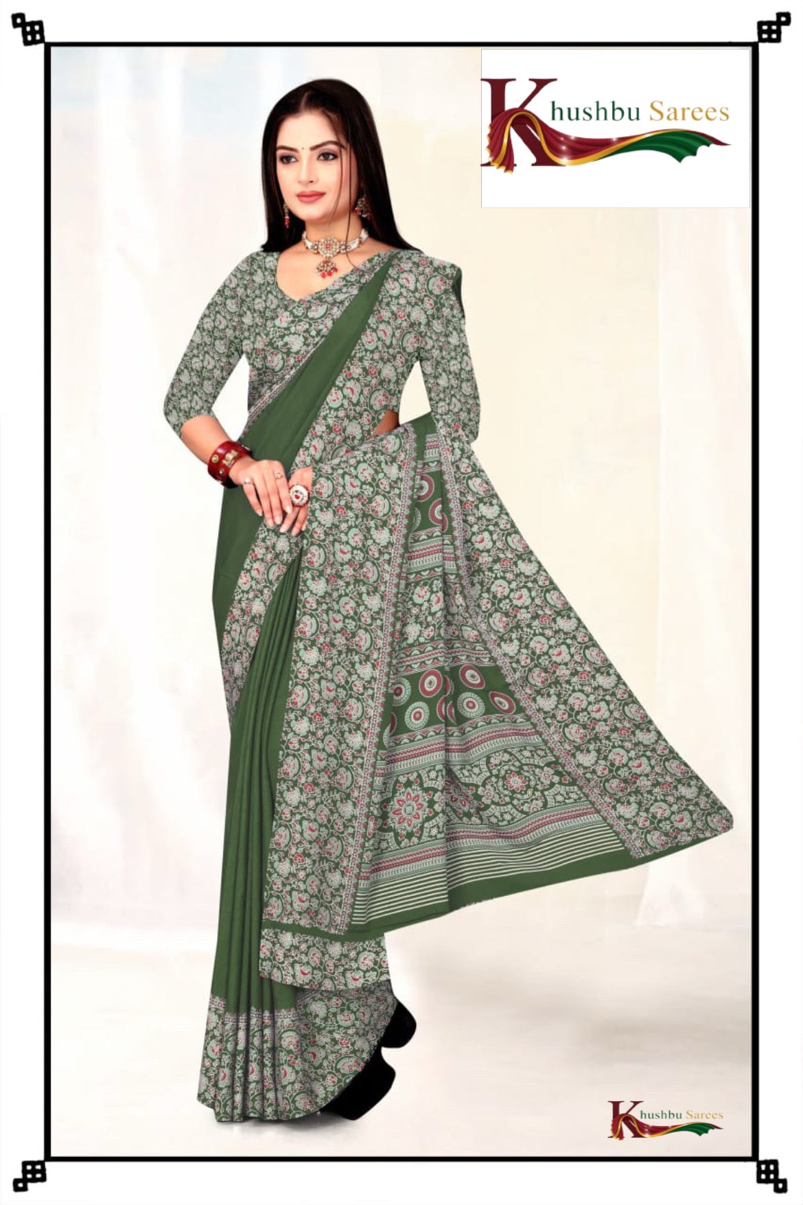 “Elegant Dark Green Crepe Silk Saree with Floral Print Border”