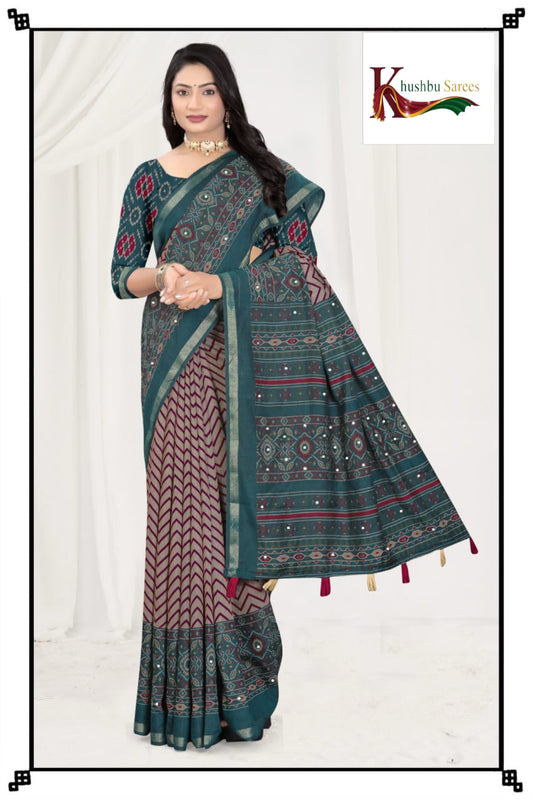 “Elegant Printed Cotton Saree with Traditional Border & Tassels