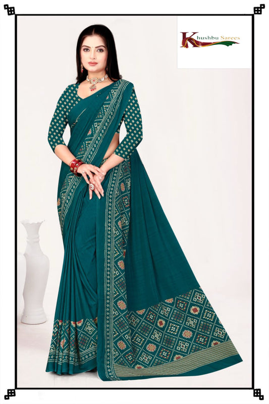 “Stylish Green Silk Crepe Saree with Designer Prints”