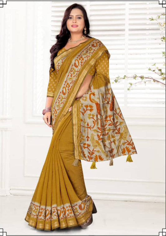 “Elegant Mustard Yellow Cotton Saree with Printed Pallu & Border”