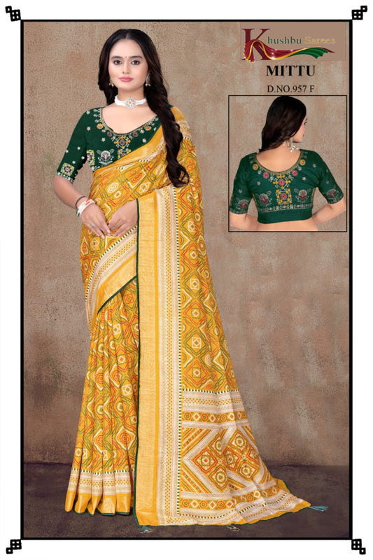 “Khushbu Sarees – Mittu Design No. 957B Traditional Printed Saree with Embroidered Blouse”