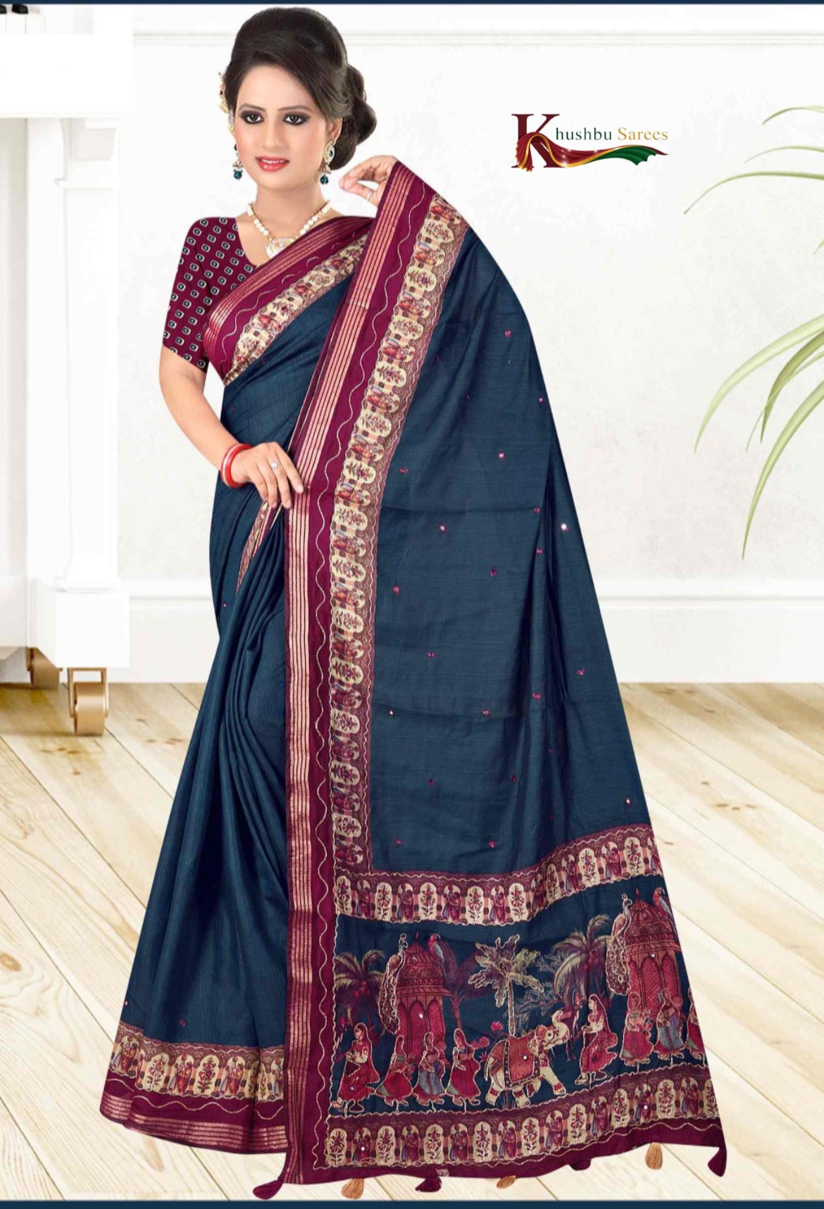 Khushbu Sarees Bottle Green Cotan Saree with Maroon Border & Festival Print