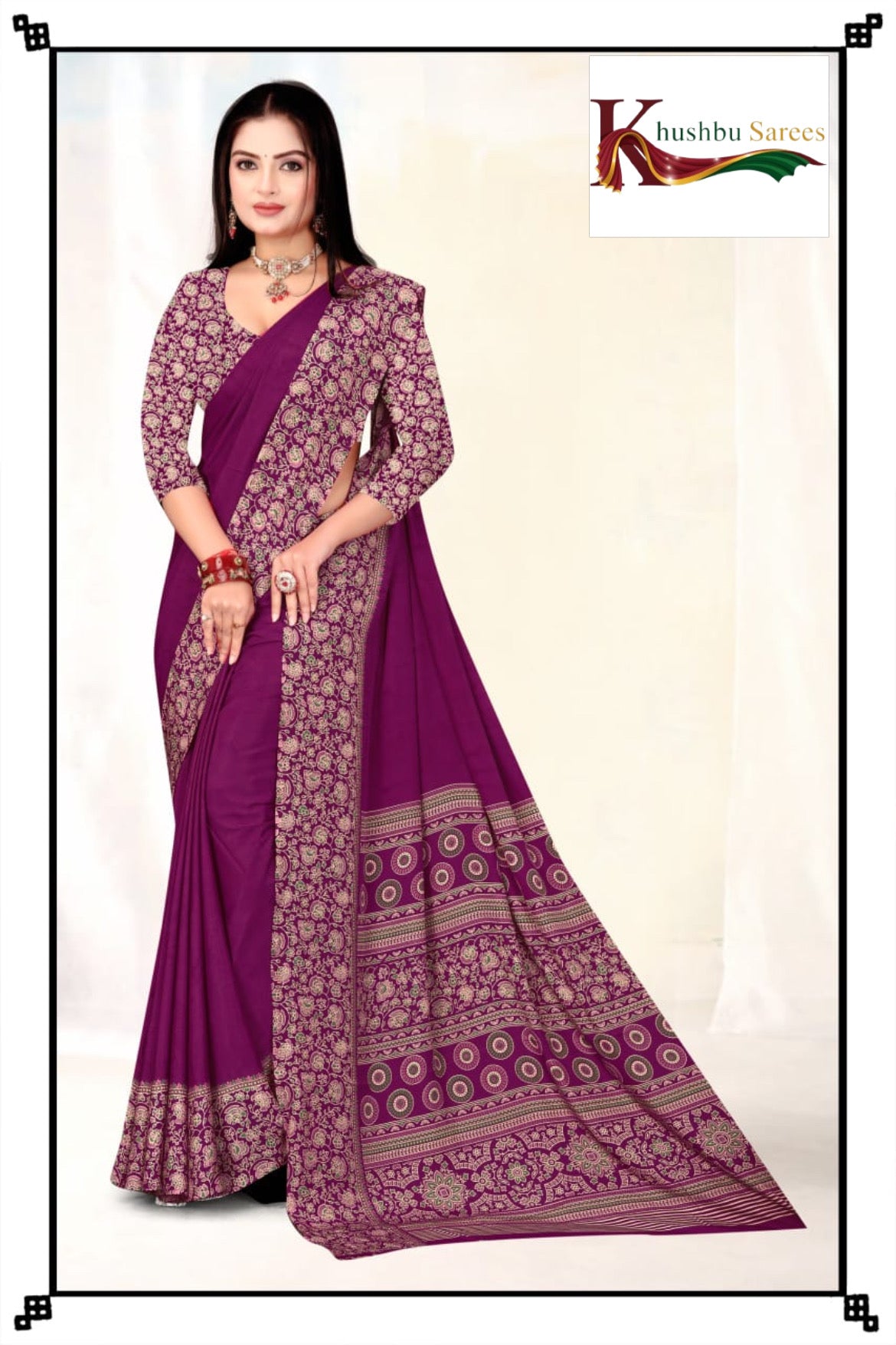 “Elegant Dark Green Crepe Silk Saree with Floral Print Border”