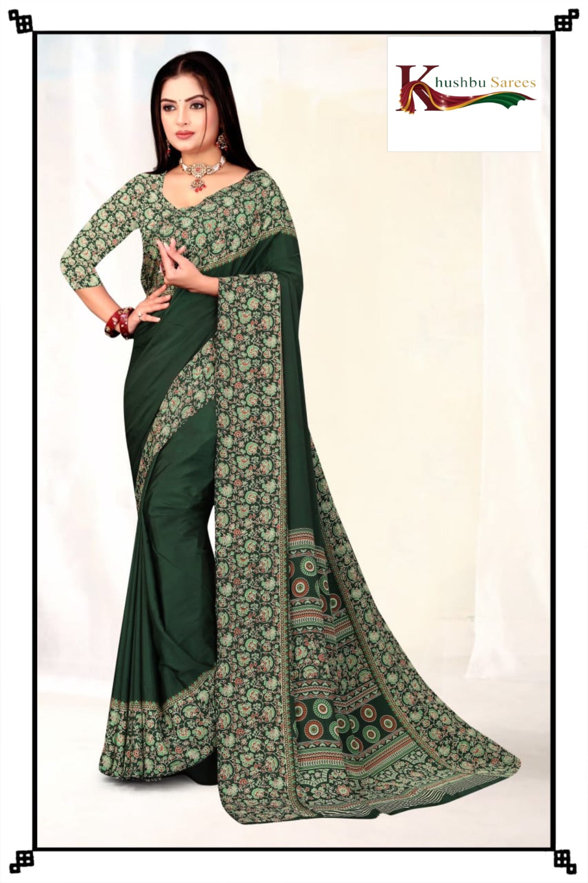 “Elegant Dark Green Crepe Silk Saree with Floral Print Border”