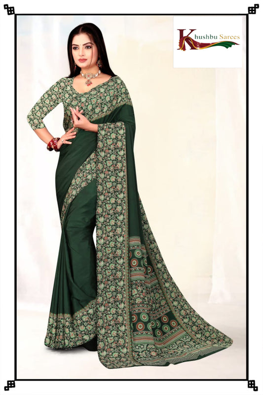 “Elegant Dark Green Crepe Silk Saree with Floral Print Border”